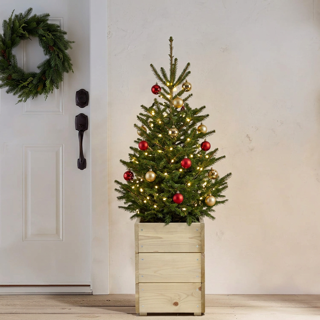 Square timber tree tub with a lit Christmas tree on a festive doorstep