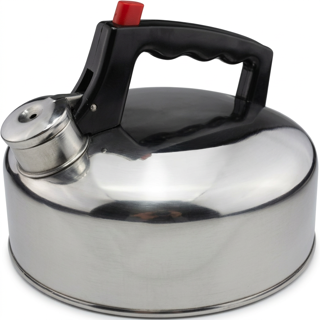Stainless steel camping kettle on white