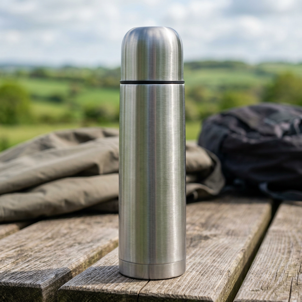 Stainless steel flask on an outdoor picnic table