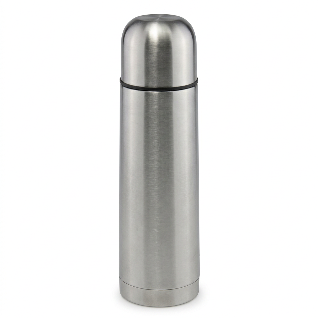 Stainless steel flask on white