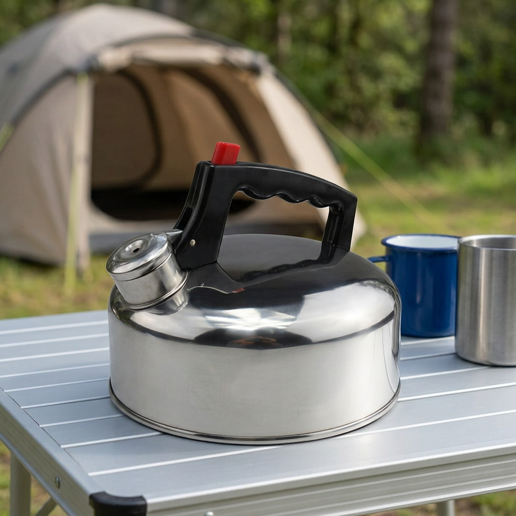 Stainless steel kettle on a campsite table