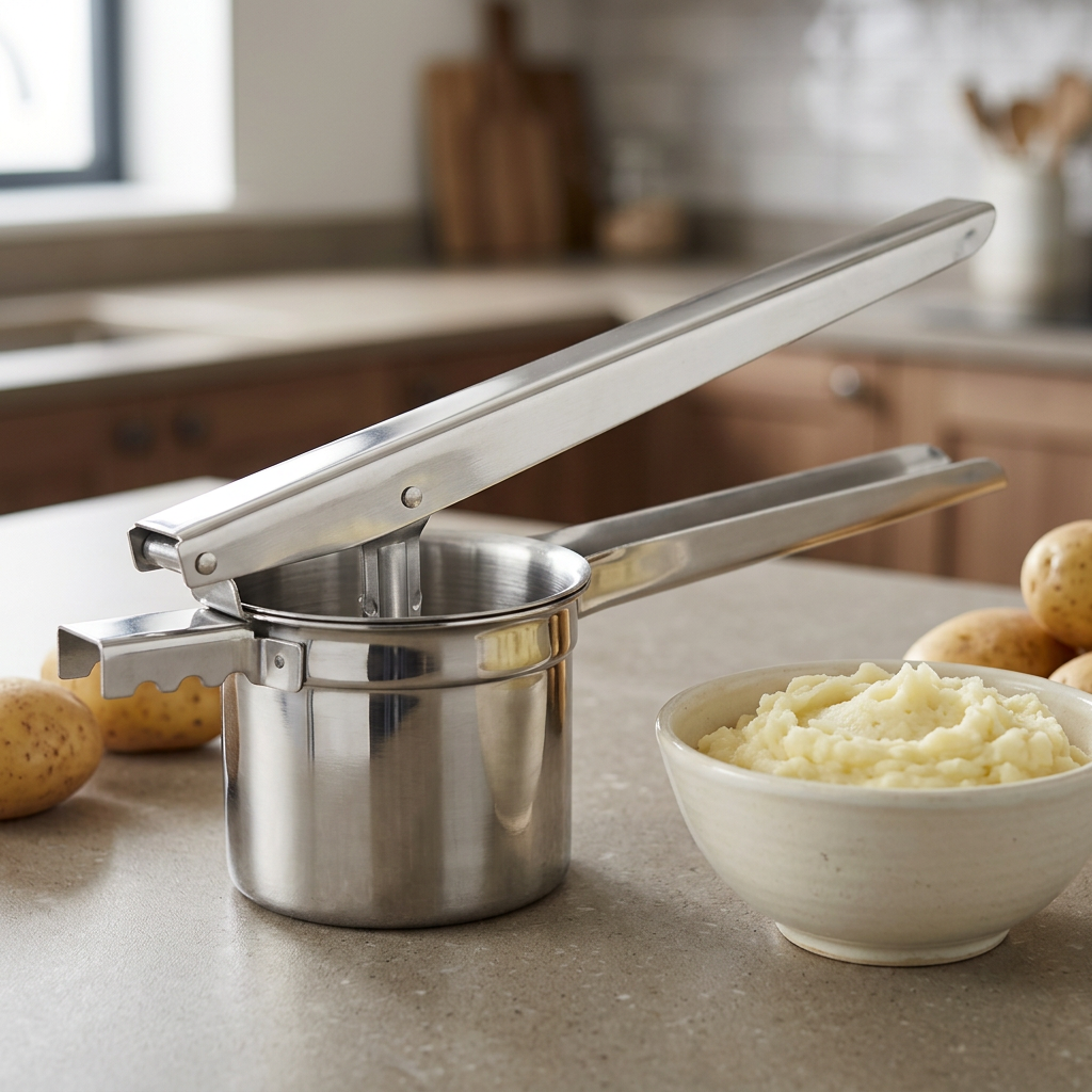Stainless steel potato ricer on a kitchen worktop with potatoes and a bowl of mashed potatoes