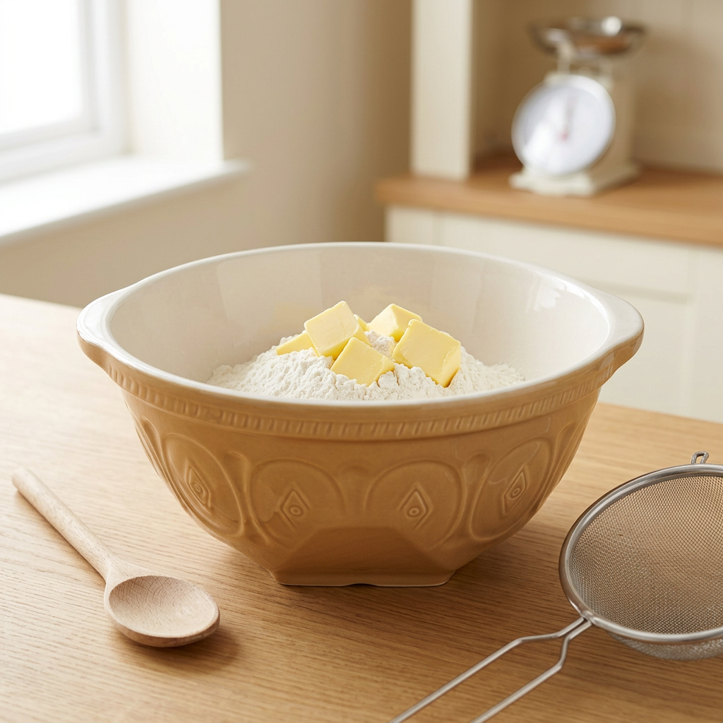 Stoneware mixing bowl with flour and butter in a kitchen setting