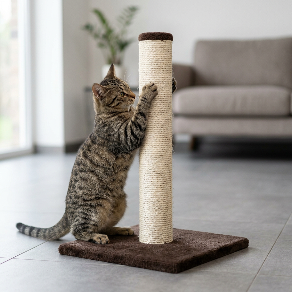 Tabby cat using the scratching post at home