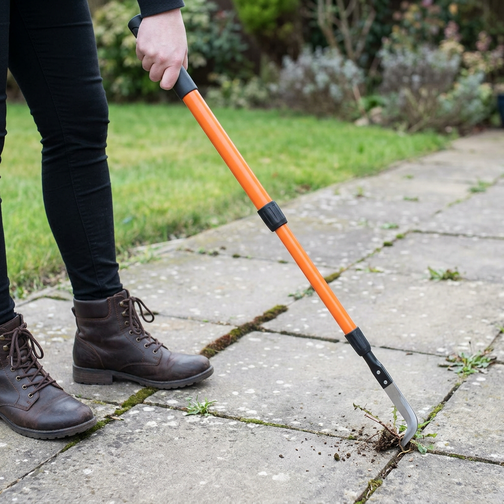 Telescopic groove knife removing weeds between paving slabs