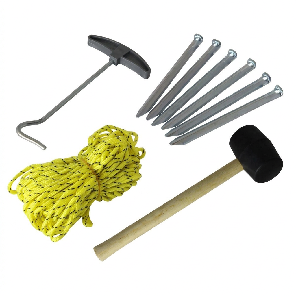 Tent accessory set with six pegs, rope, mallet and extractor
