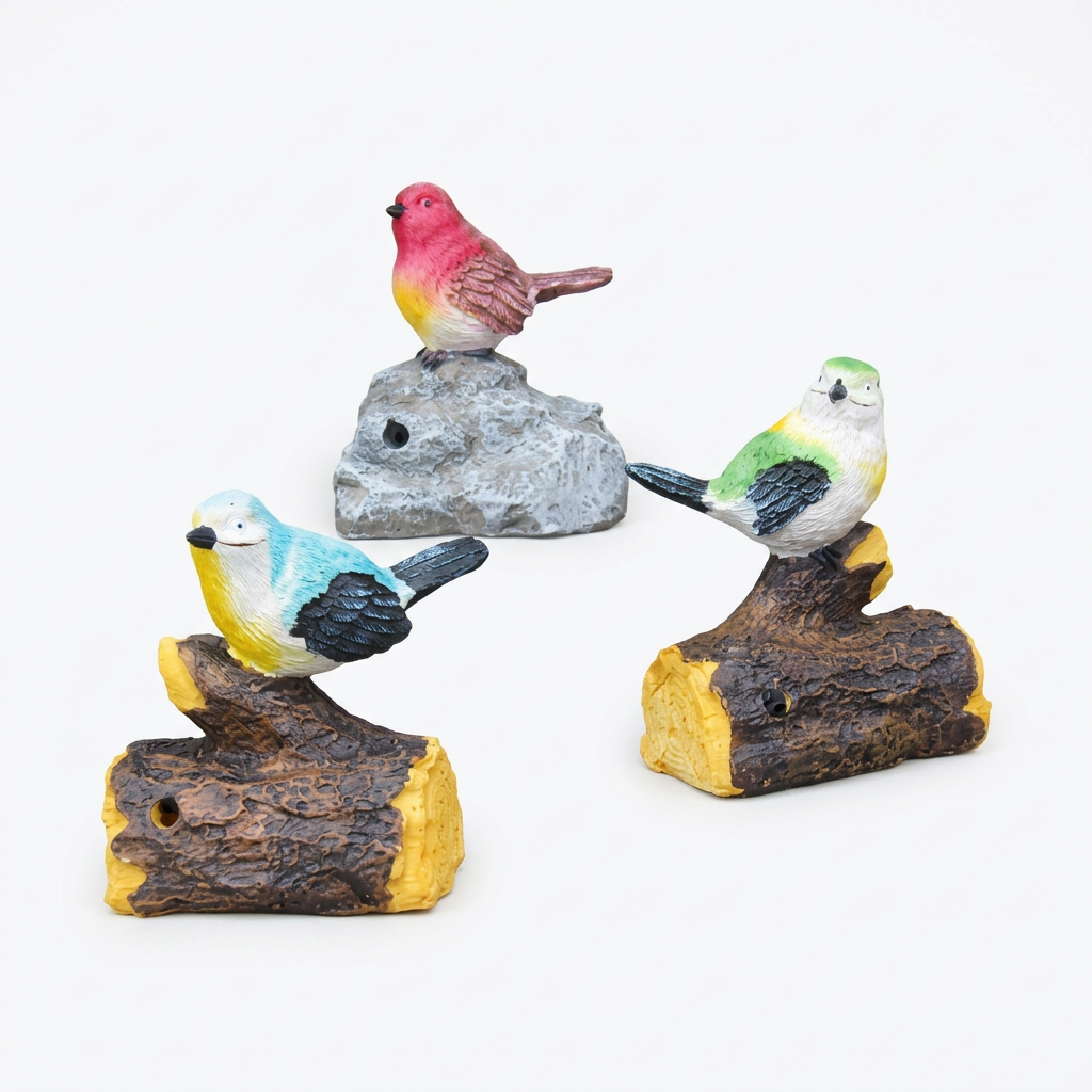 Three whistling bird ornaments on white