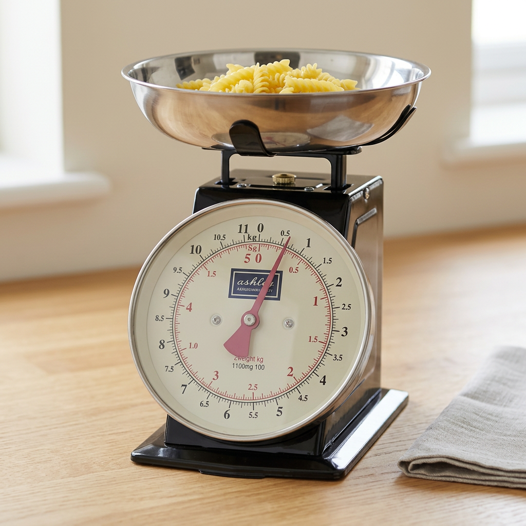 Traditional kitchen scales in a bright kitchen setting