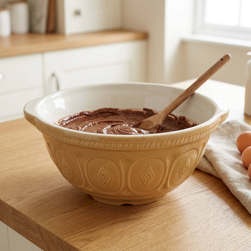Traditional stoneware mixing bowl with chocolate batter in a kitchen setting