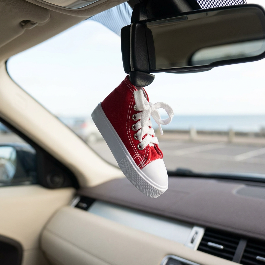 Trainer air freshener viewed at an angle in a different car with a coastal backdrop