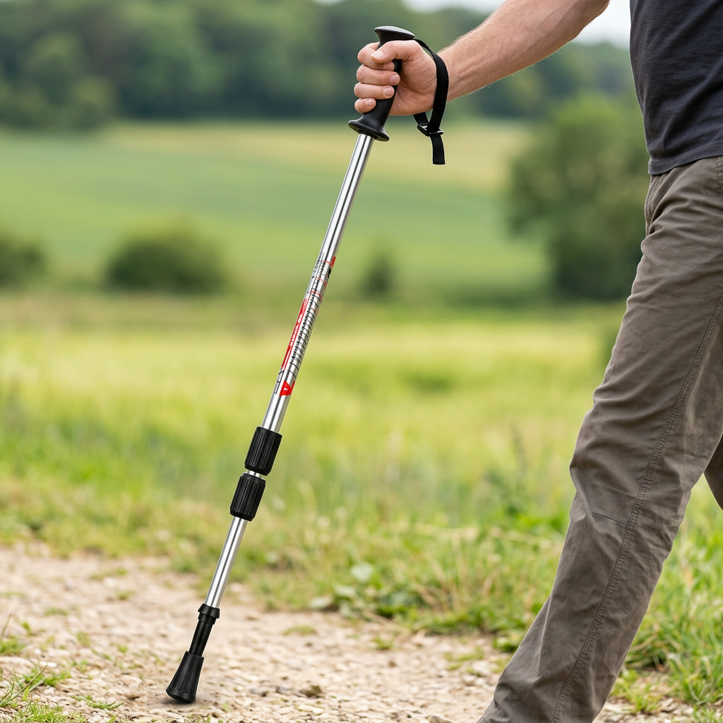 Trekking pole being used on a countryside path