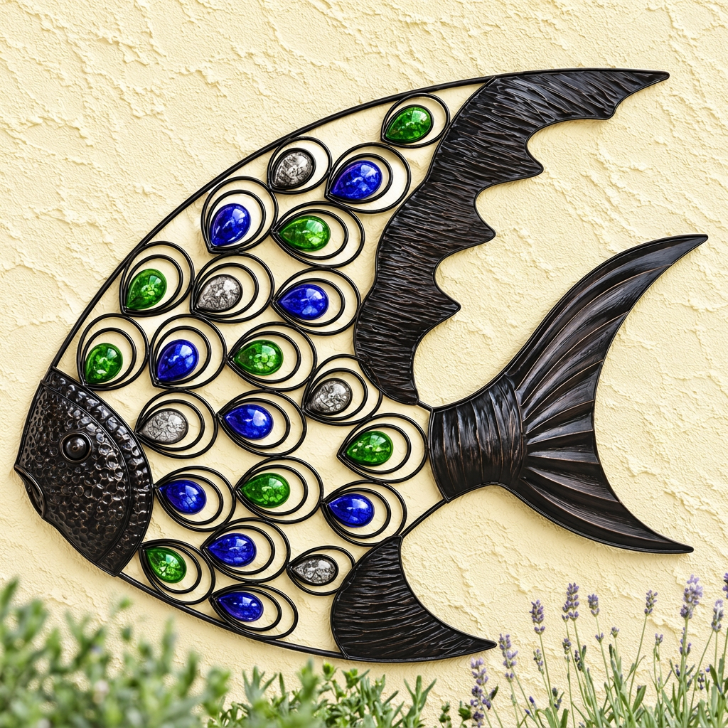 Tropical fish wall art in a garden wall setting