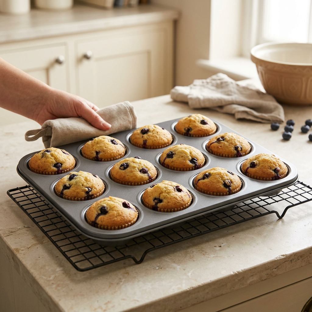Twelve-hole muffin tin with blueberry muffins in a kitchen setting