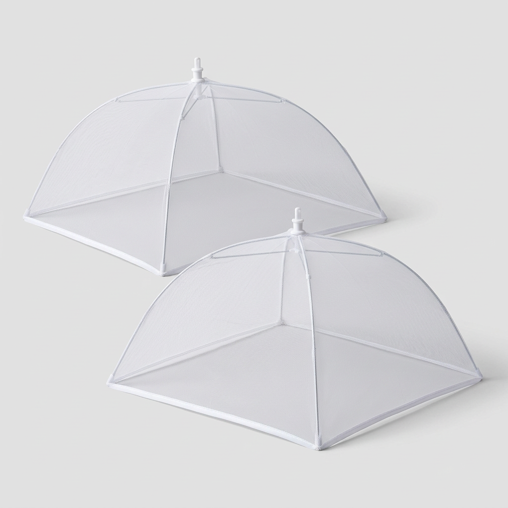 Two white mesh food umbrellas