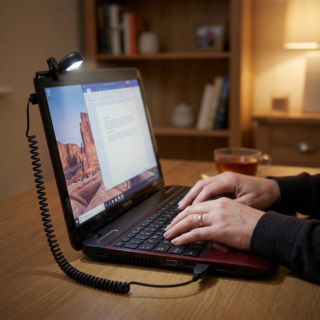 USB clip-on light used while working in the evening