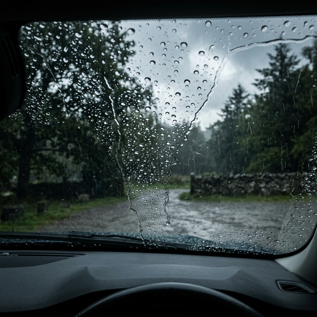 View from inside a car with rain beading and running down the windscreen