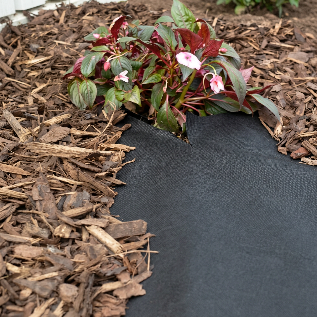 Weed control fabric beneath bark mulch