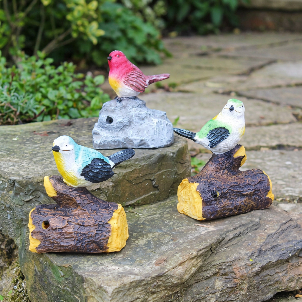Whistling bird ornaments on a garden ledge
