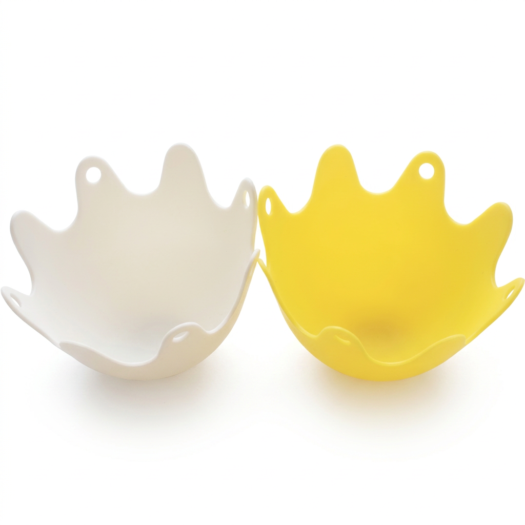 White and yellow silicone egg poachers