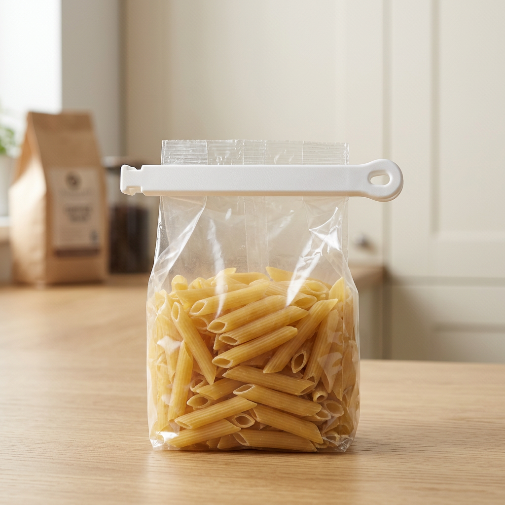 White bag clip sealing a pasta bag