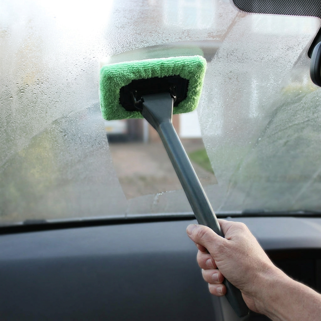 Windscreen cleaning mop clearing condensation from inside a car windscreen