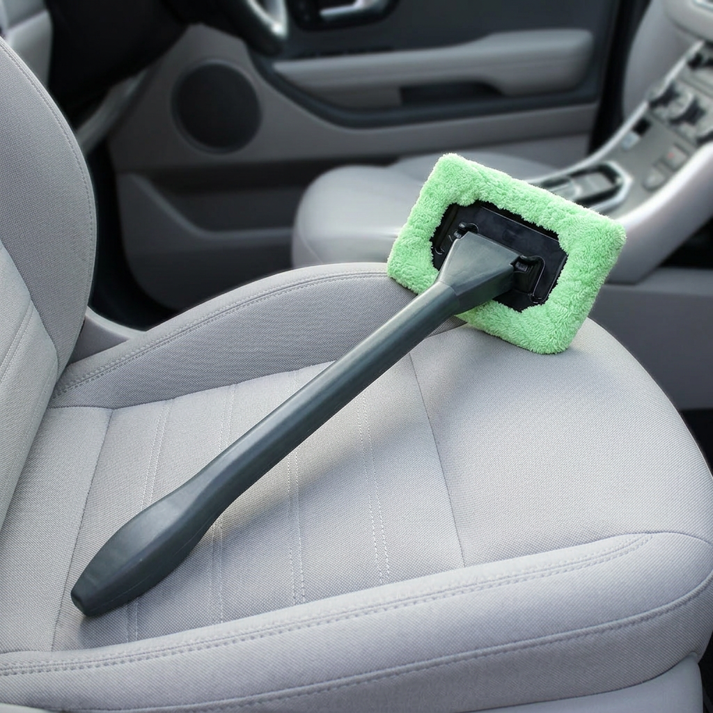 Windscreen cleaning mop resting on a car passenger seat