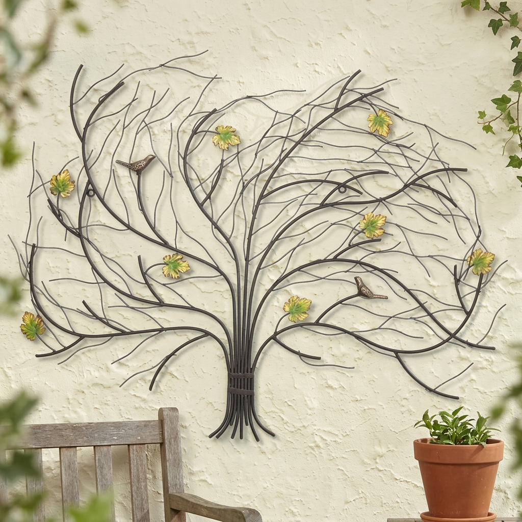 Windswept tree wall art in a garden patio setting