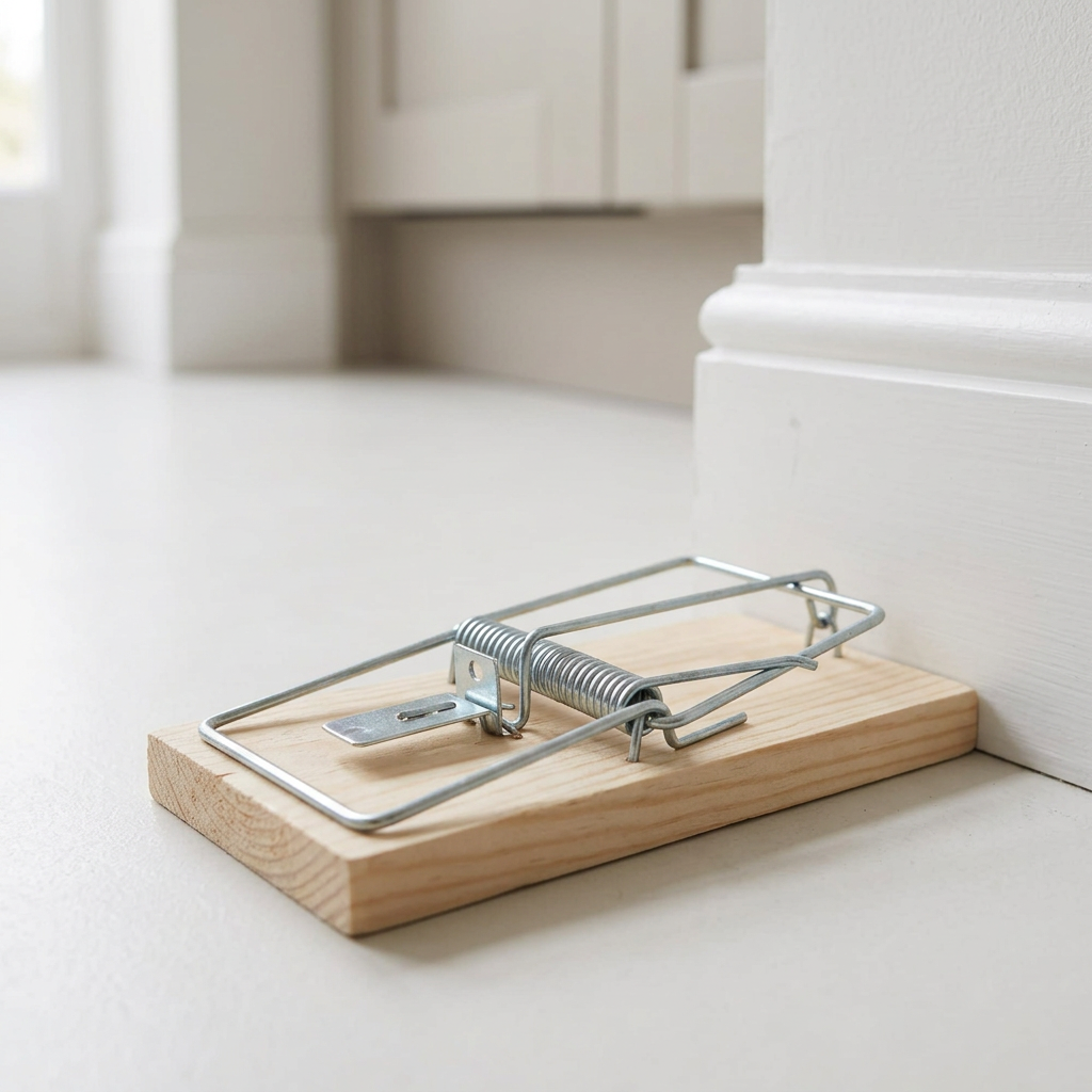 Wooden mouse trap beside a utility-room skirting board