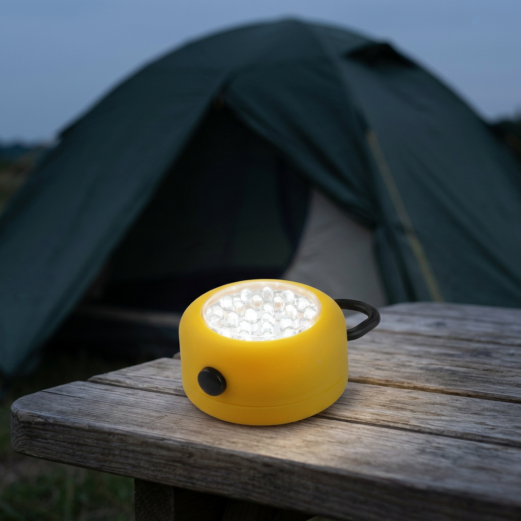 Yellow LED light on a campsite table