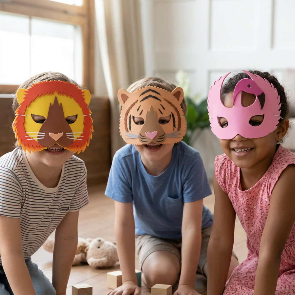 Zoo animal masks worn during creative play
